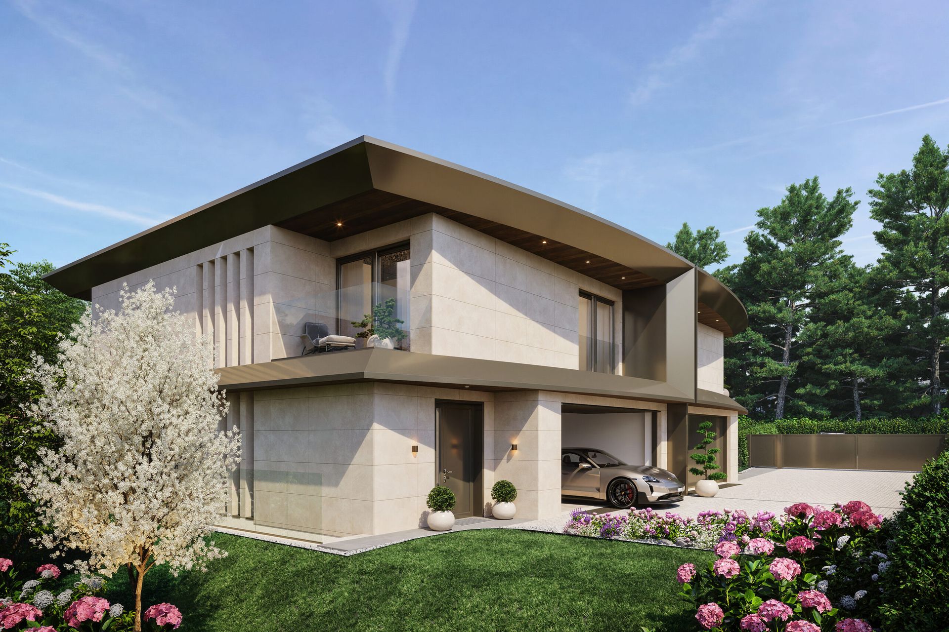 Façade d'entrée des villas au printemps, arbre en fleurs et garage
