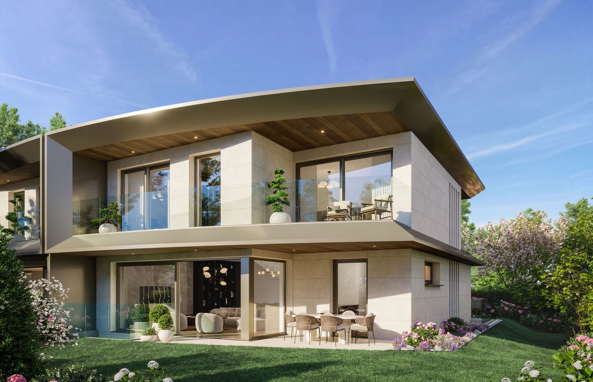 Façade jardin avec terrasse, balcon et coin repas extérieur