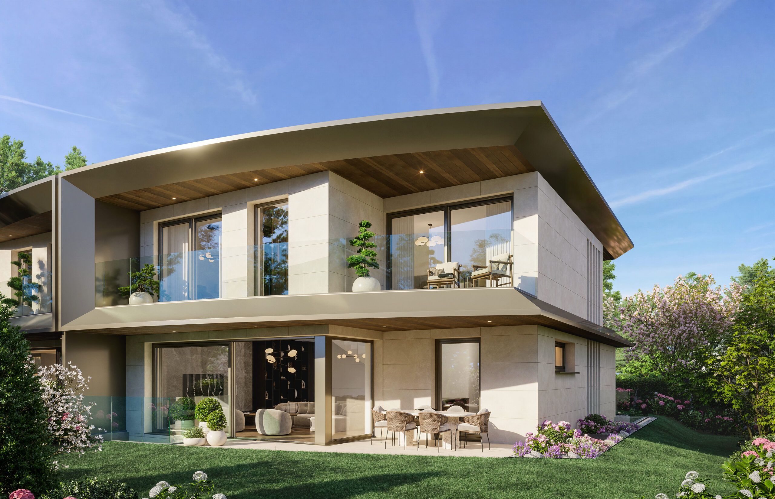 Doret 12 - les deux villas jumelles dans leur jardin paysager à Chêne-Bougeries