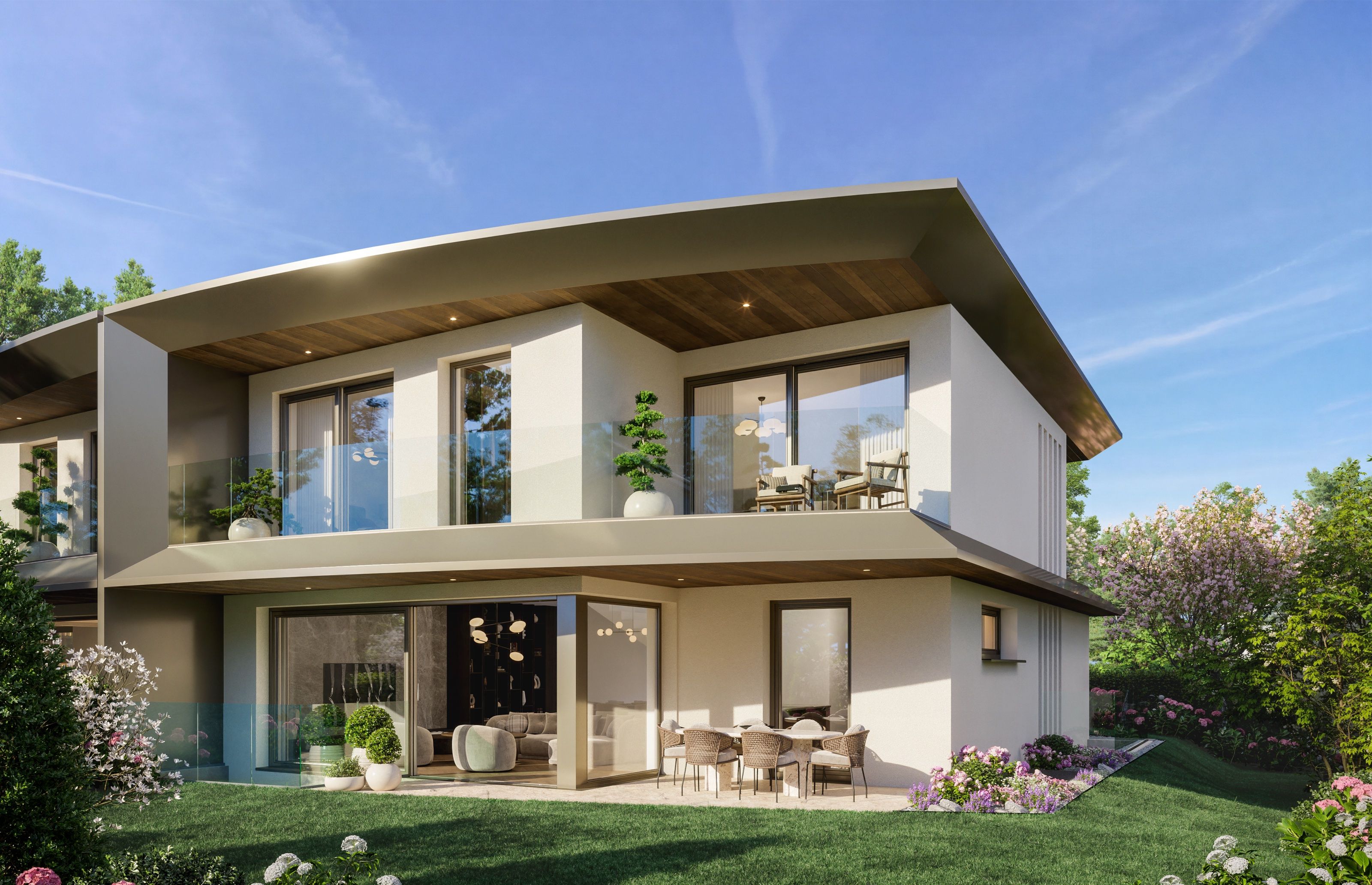 Doret 12 - les deux villas jumelles dans leur jardin paysager à Chêne-Bougeries