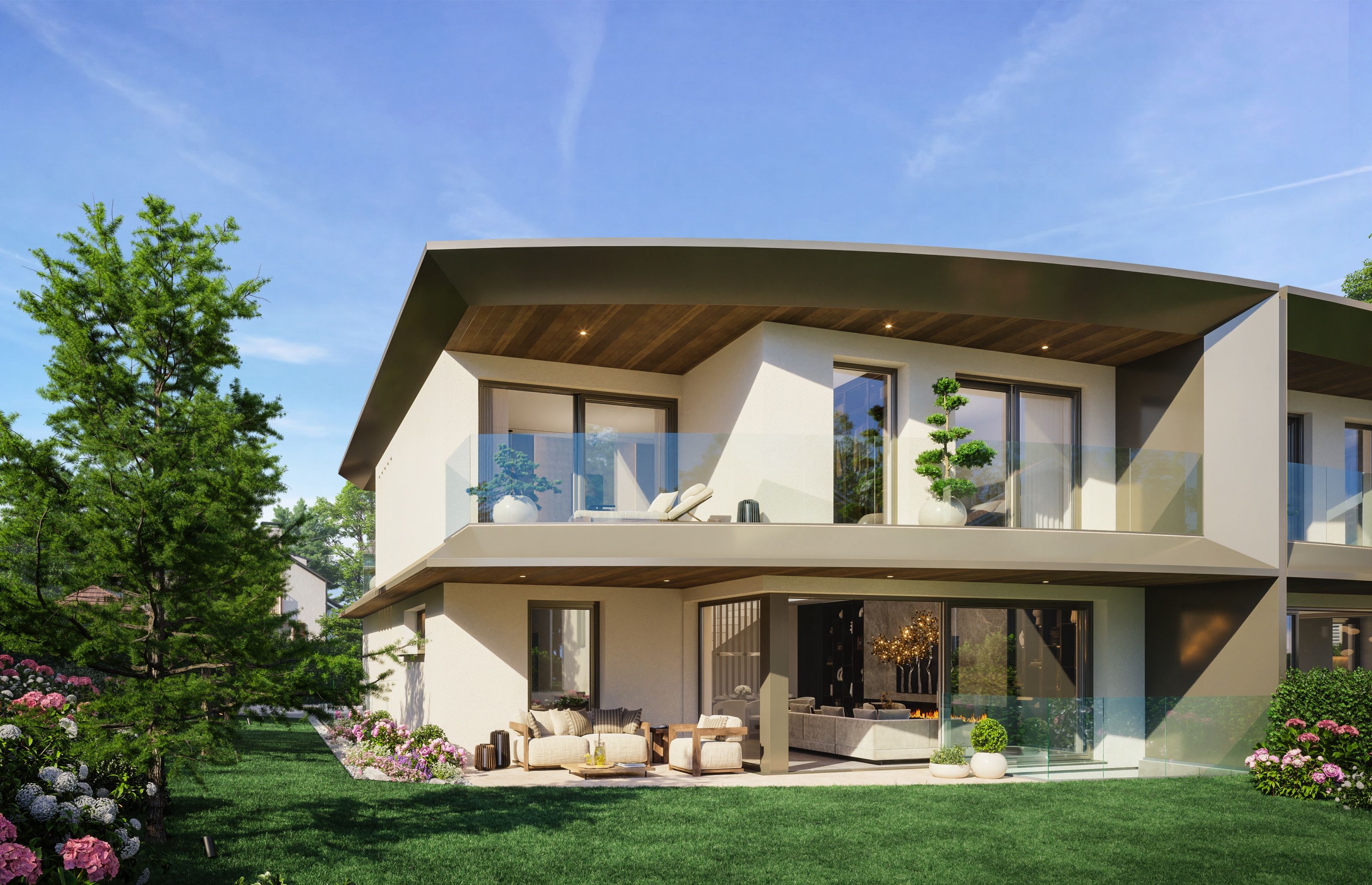 Façade jardin des villas Doret 12 - toiture en porte-à-faux et terrasses arrondies