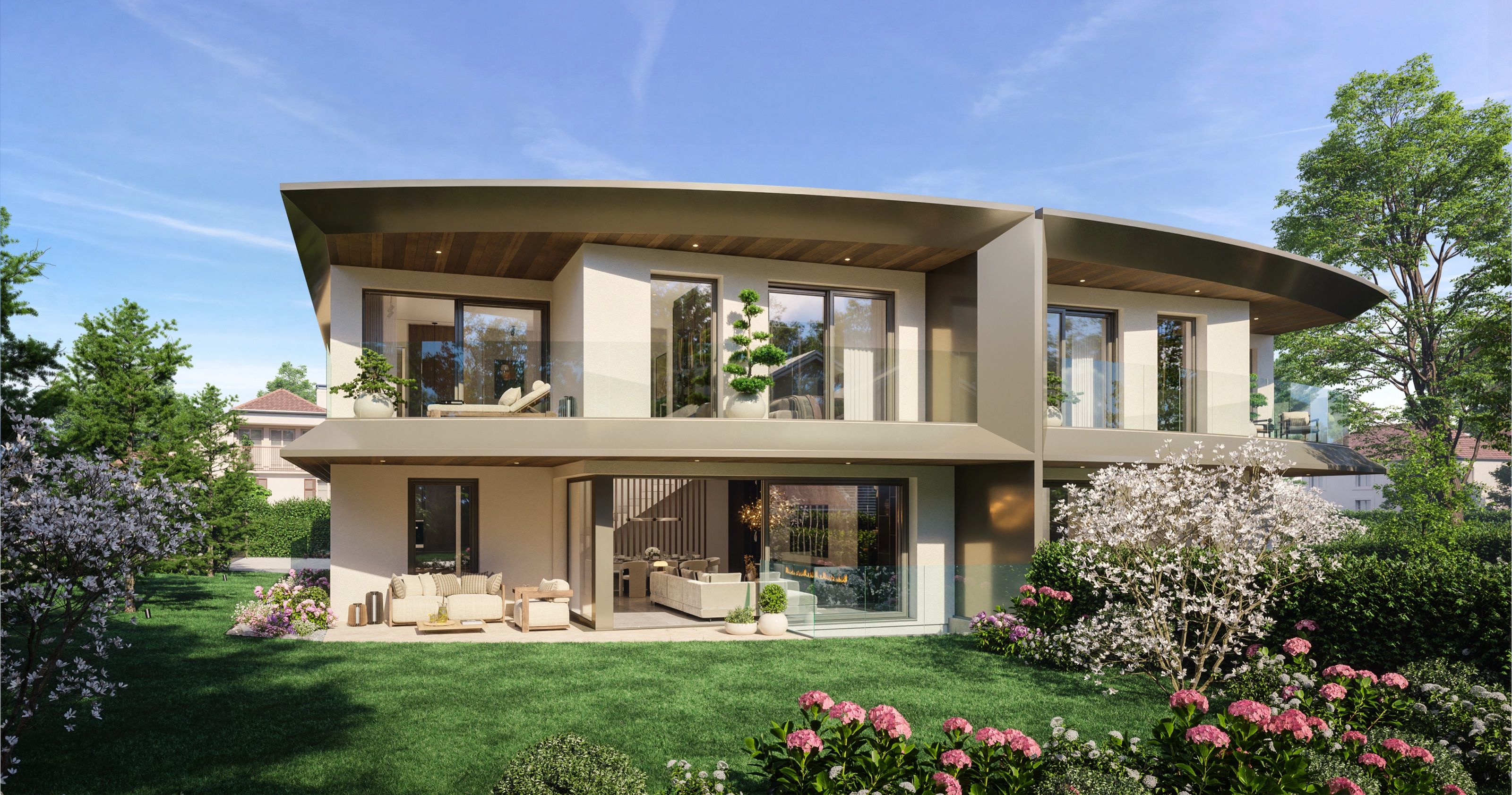 Façade jardin au printemps, arbres en fleurs