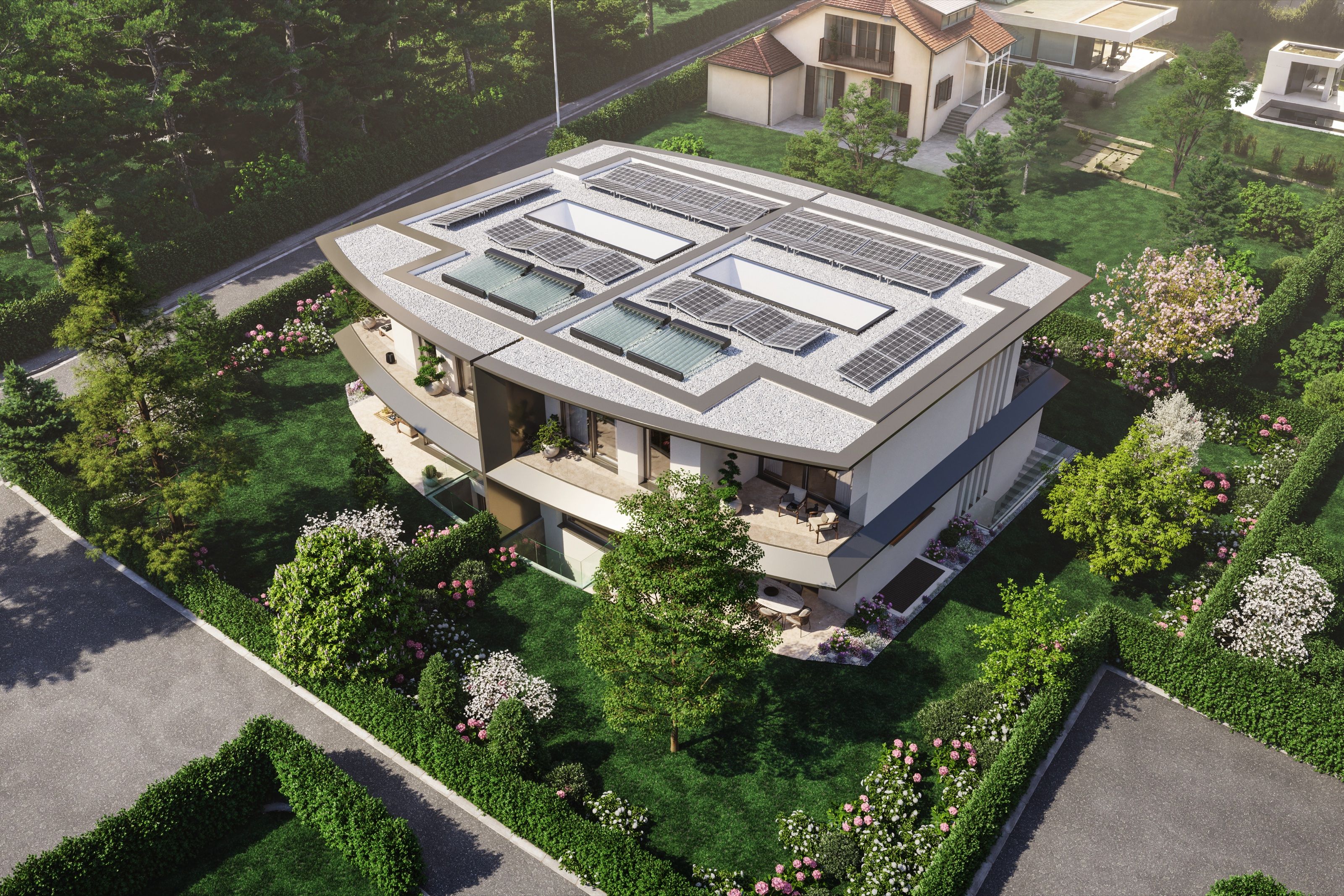 Vue aérienne des toitures photovoltaïques