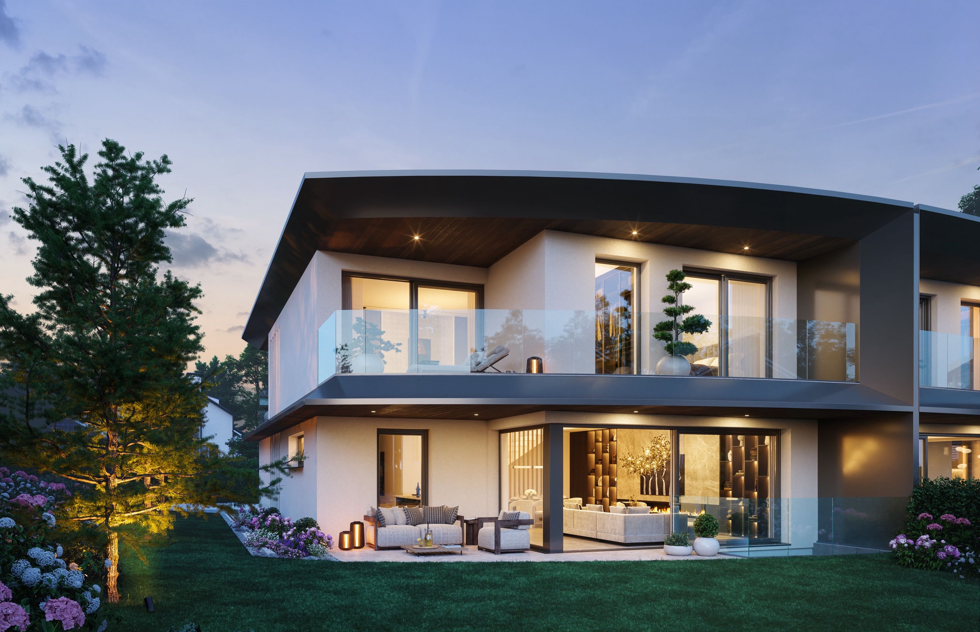 Les villas au crépuscule, intérieurs éclairés