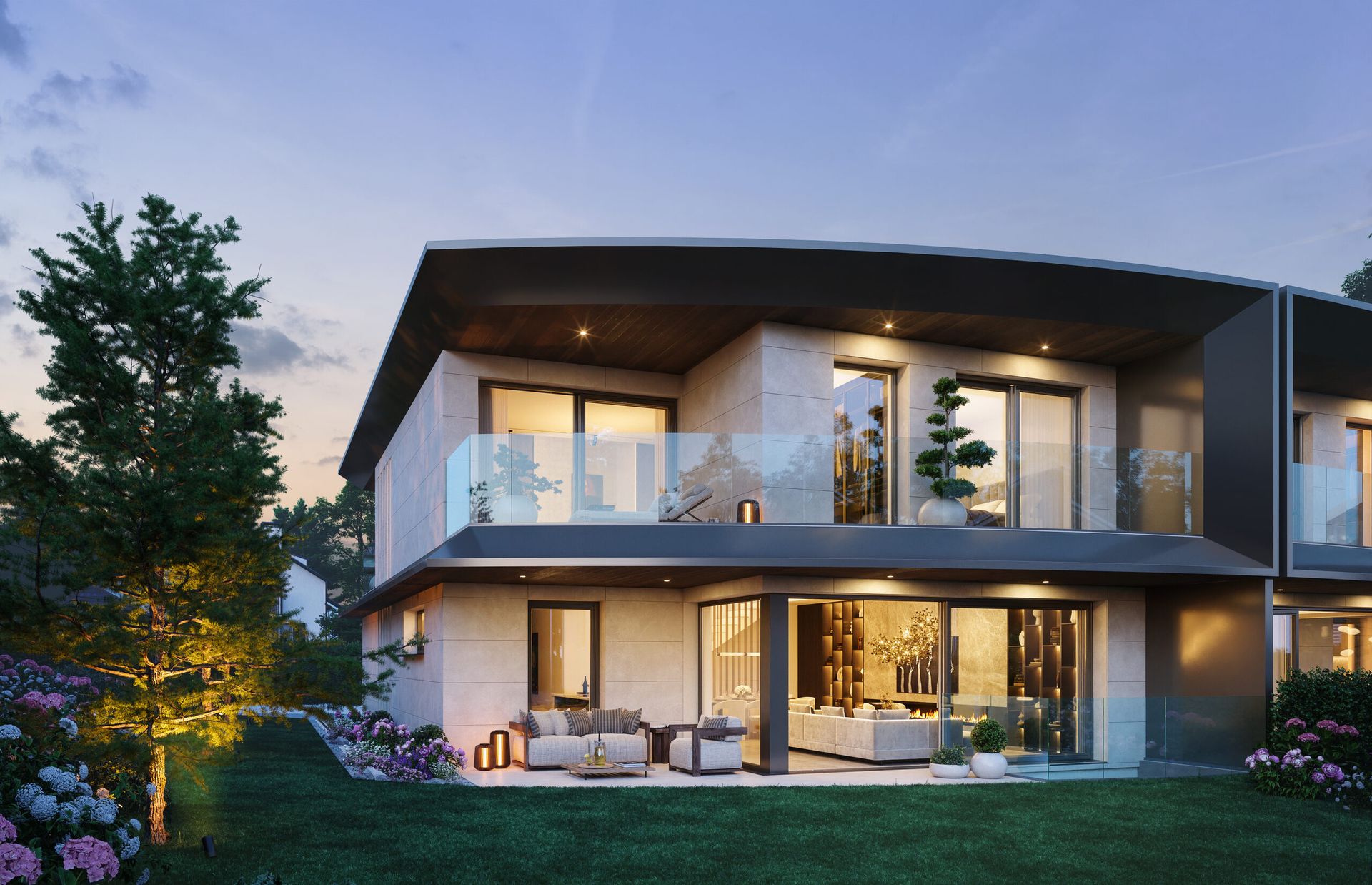 Les villas au crépuscule, intérieurs éclairés