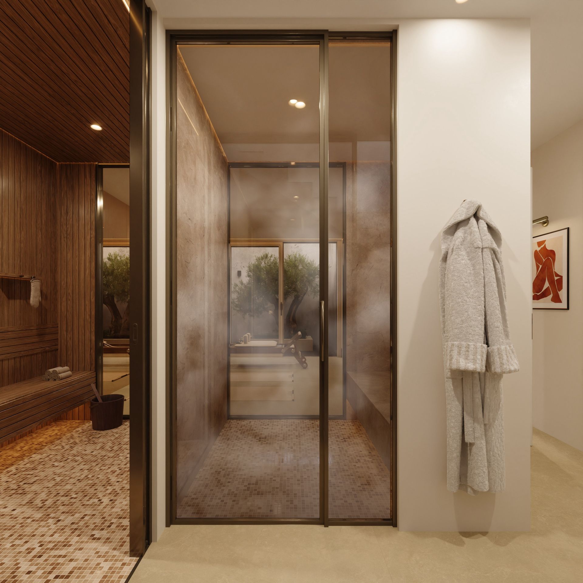 Espace bien-être au sous-sol : sauna et hammam