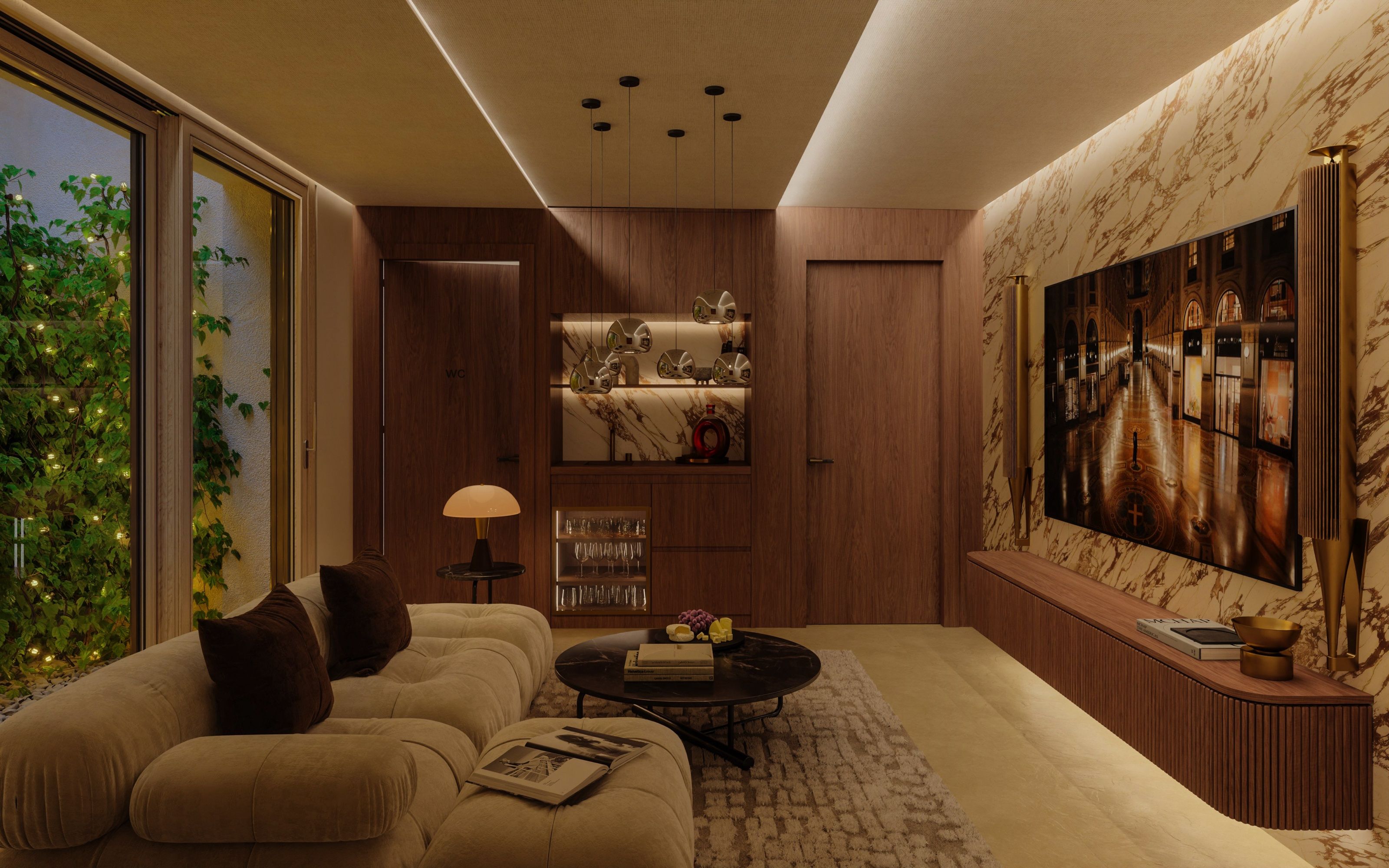 Salon avec mur télévision en bois sombre