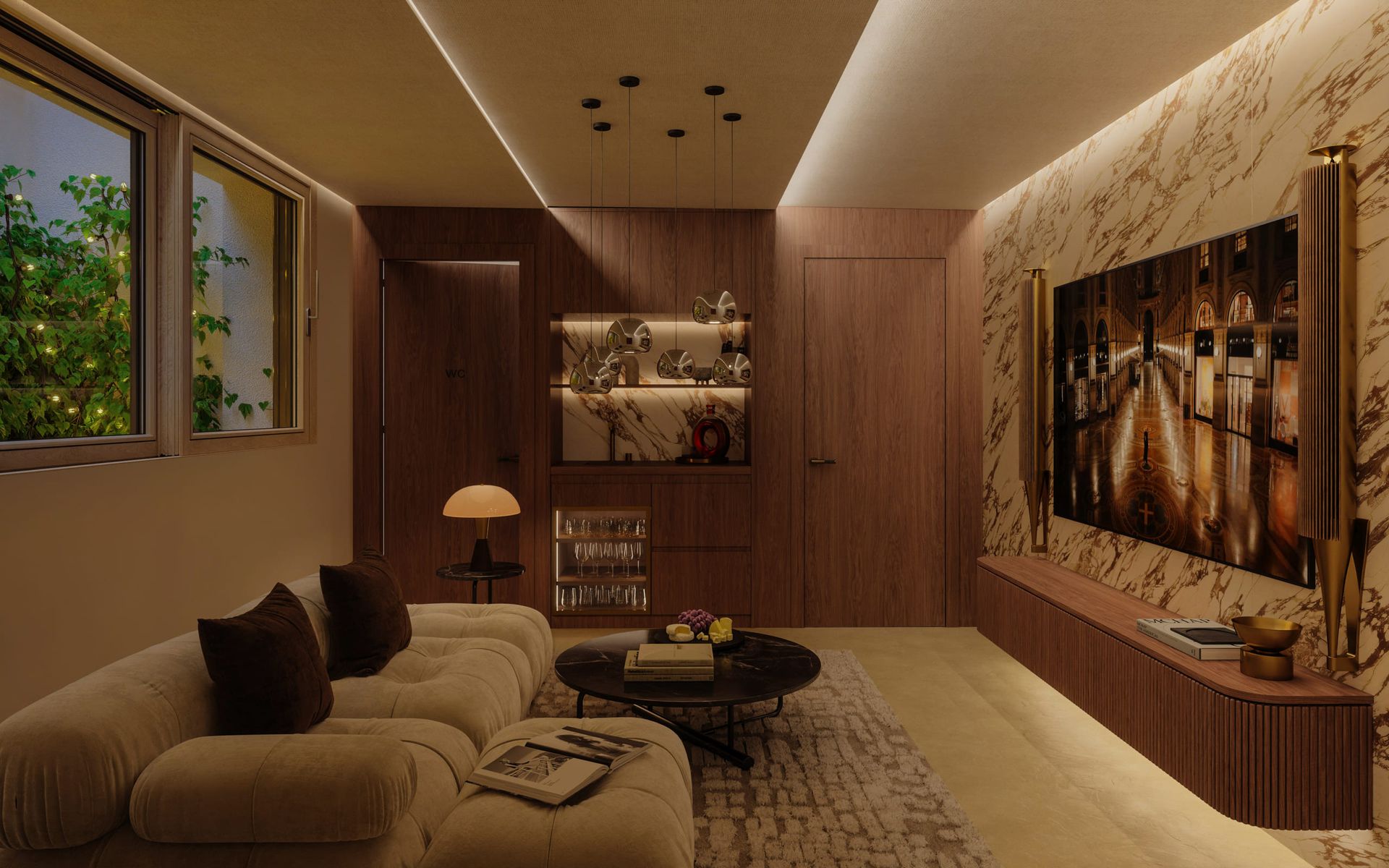 Salon avec mur télévision en bois sombre